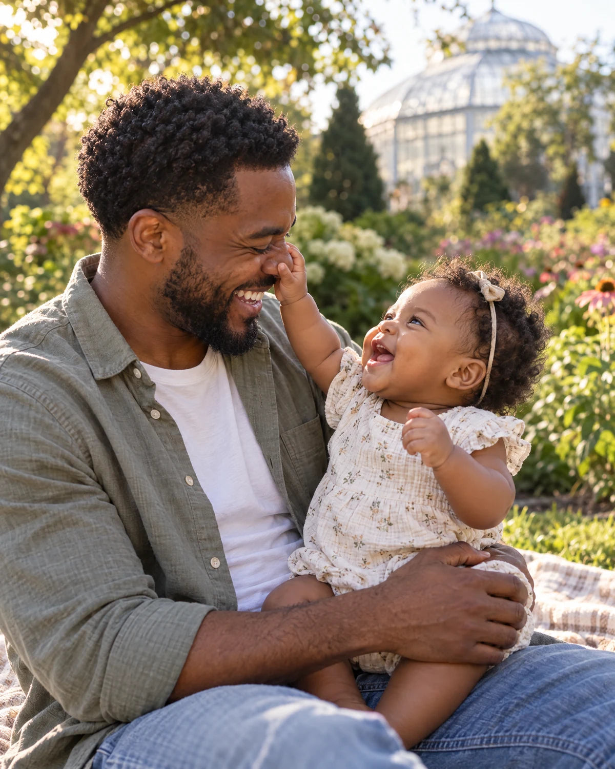 Father and baby sharing a laugh in a botanical garden