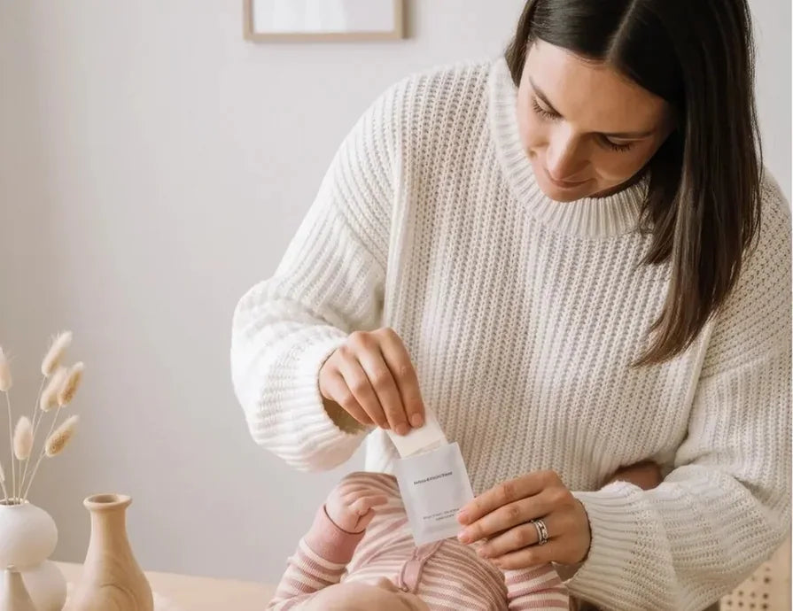 A parent preparing an inkless wipe and milestone card