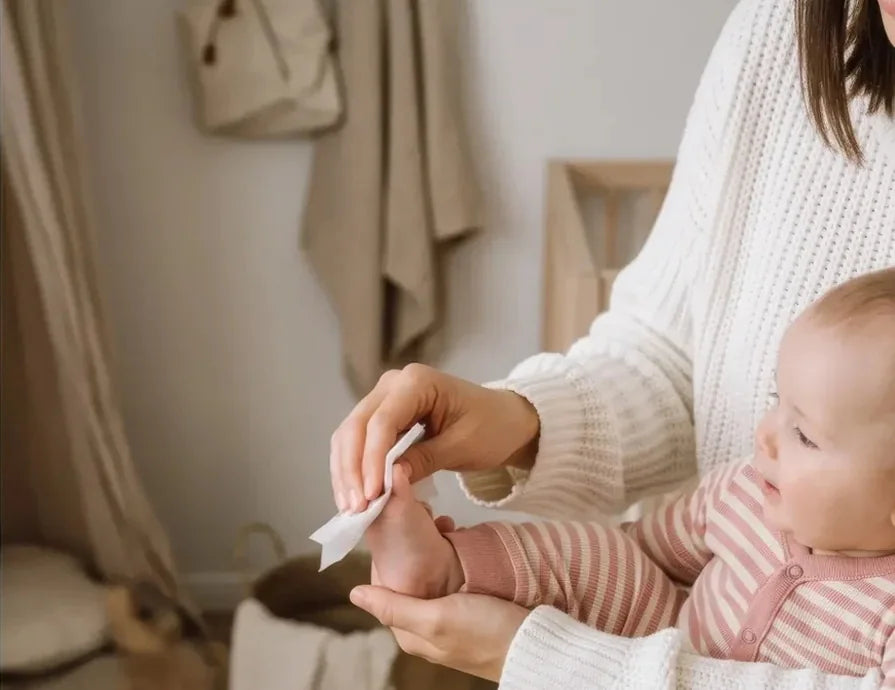 A parent gently wiping a baby's foot with an inkless wipe