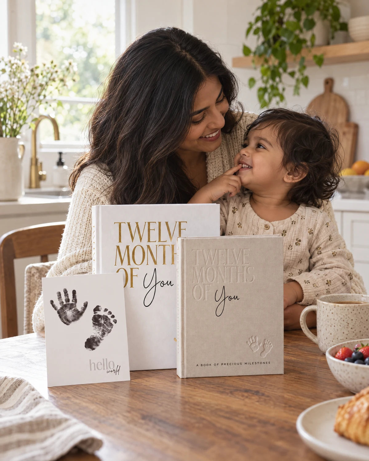 Mother and toddler beside MinkTale keepsakes on a kitchen table