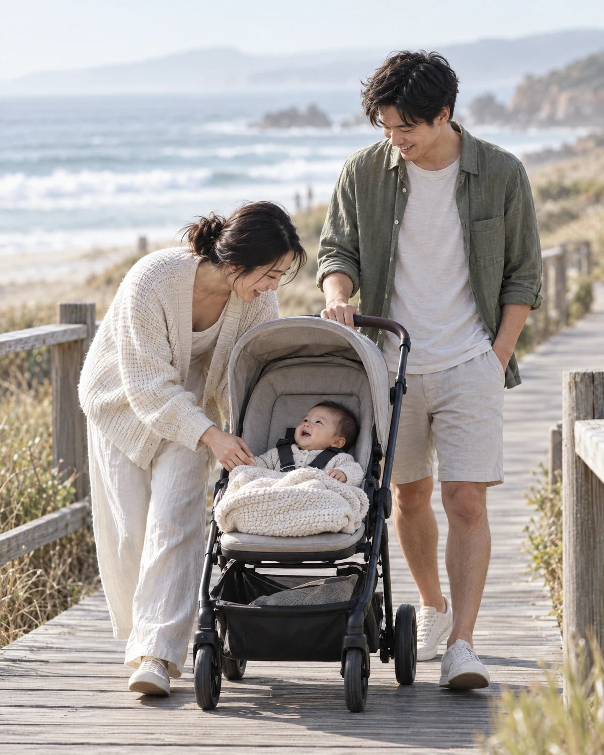 Parents and baby enjoying a coastal boardwalk walk