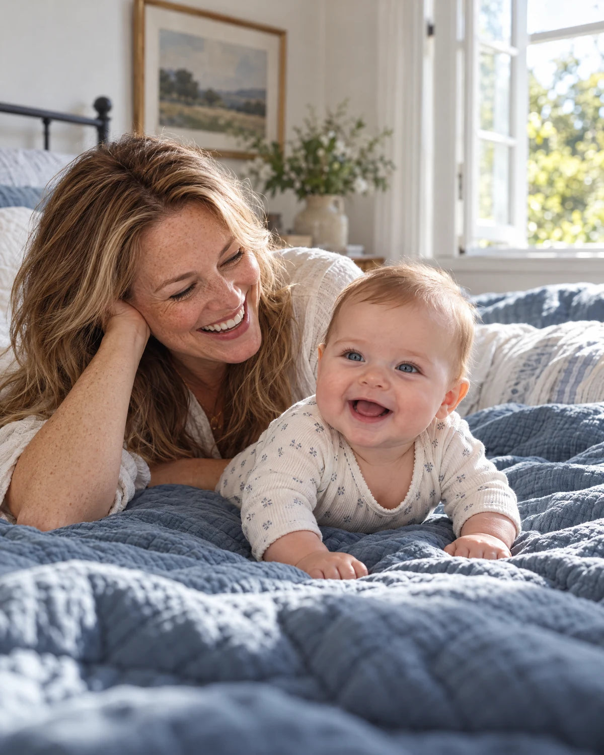 Mother and baby sharing playtime on a blue quilt